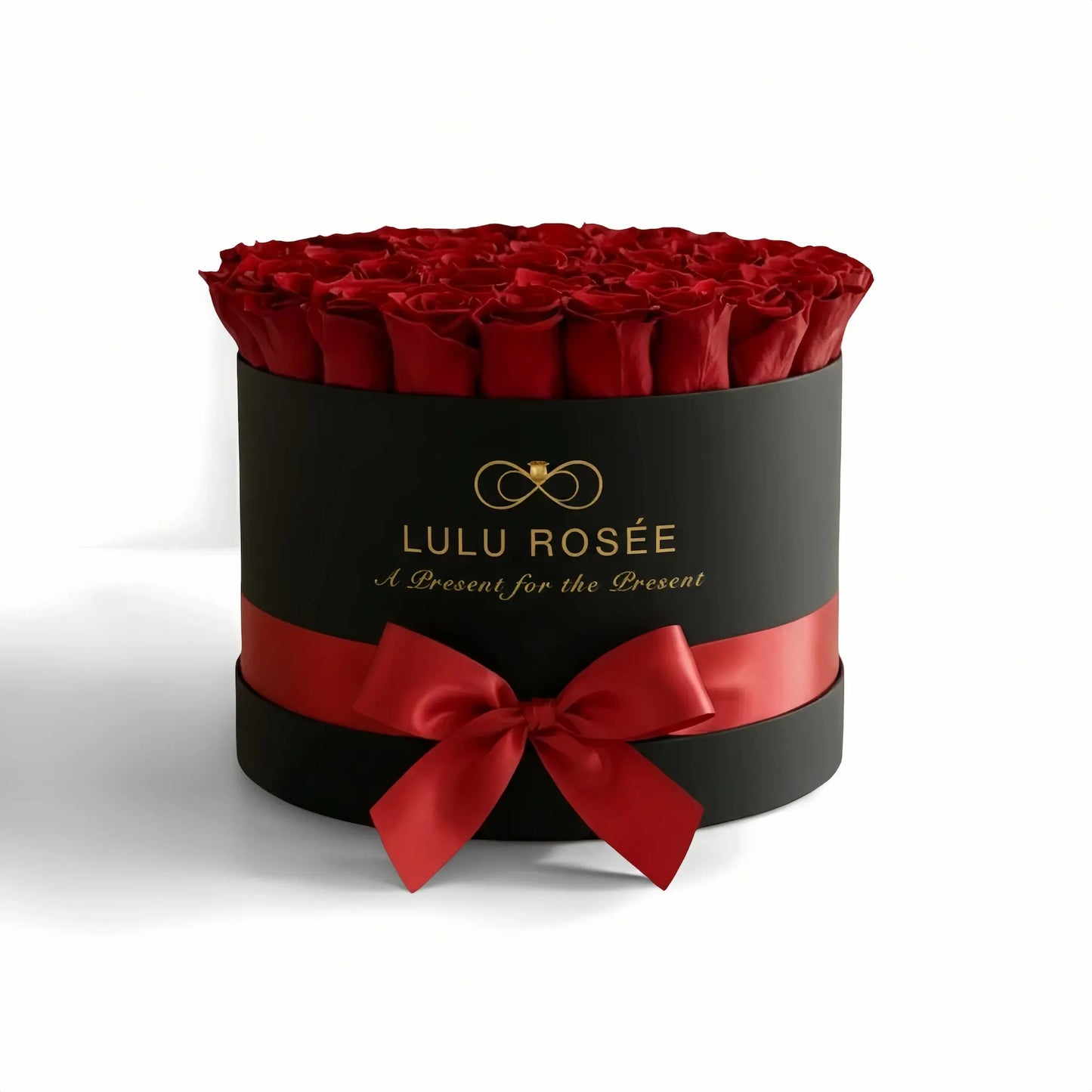 LULU ROSÉE large round  box red roses black classic box on white background