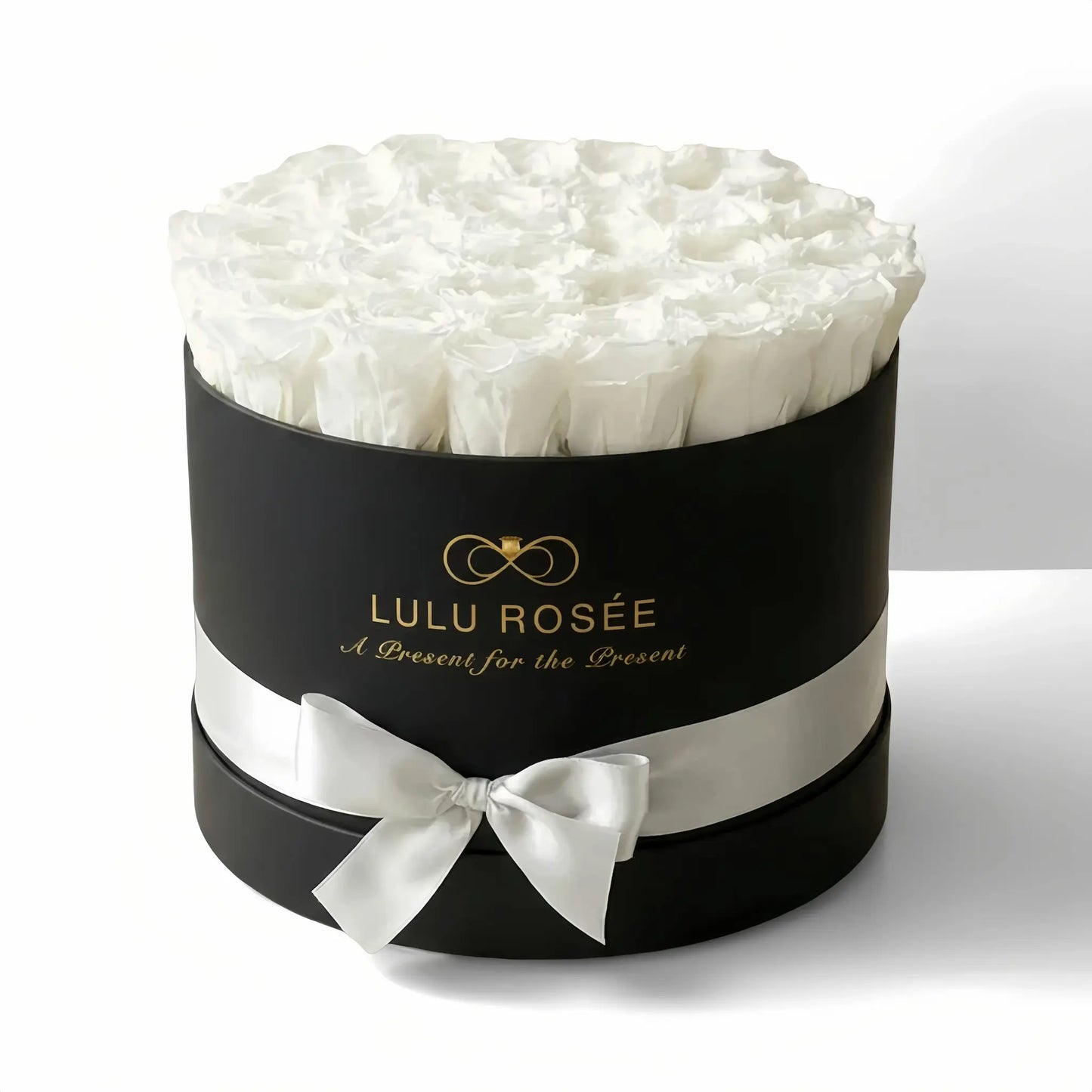 LULU ROSÉE large round box white roses white classic box on white background