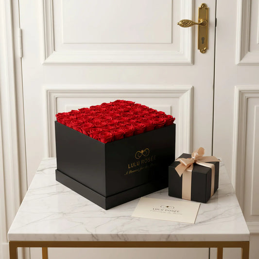 LULU ROSÉE large square box red roses black classic box for Valentine's Day gift