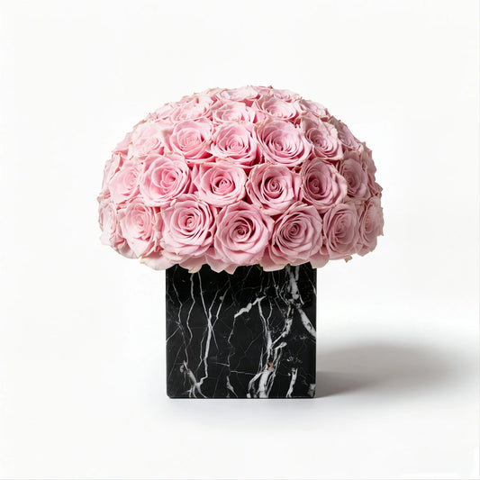 LULU ROSÉE large square marble porcelain rose blush roses black classic box on white background