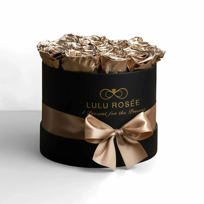 LULU ROSÉE medium round box gold roses black classic box on white background