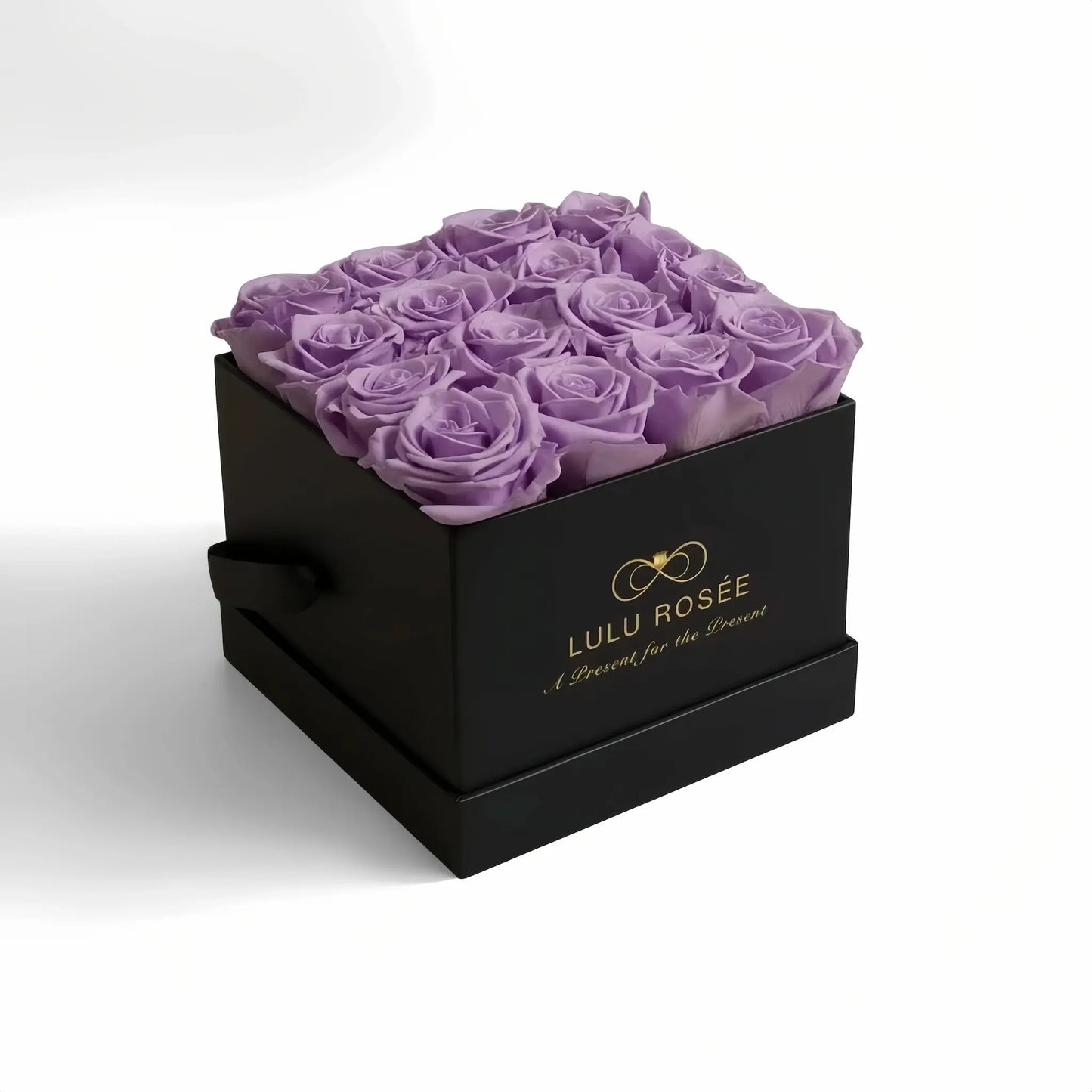 LULU ROSÉE medium square box lavender roses black classic box on white background