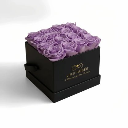 LULU ROSÉE medium square box lavender roses black classic box on white background