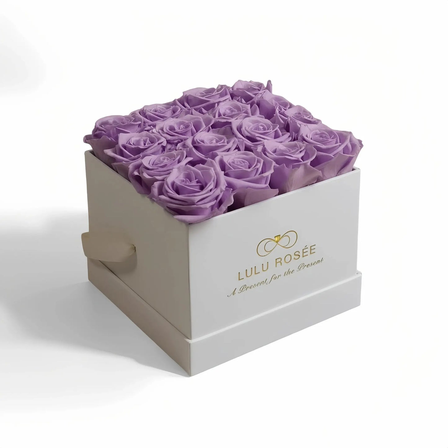 LULU ROSÉE medium square box lavender roses white classic box on white background