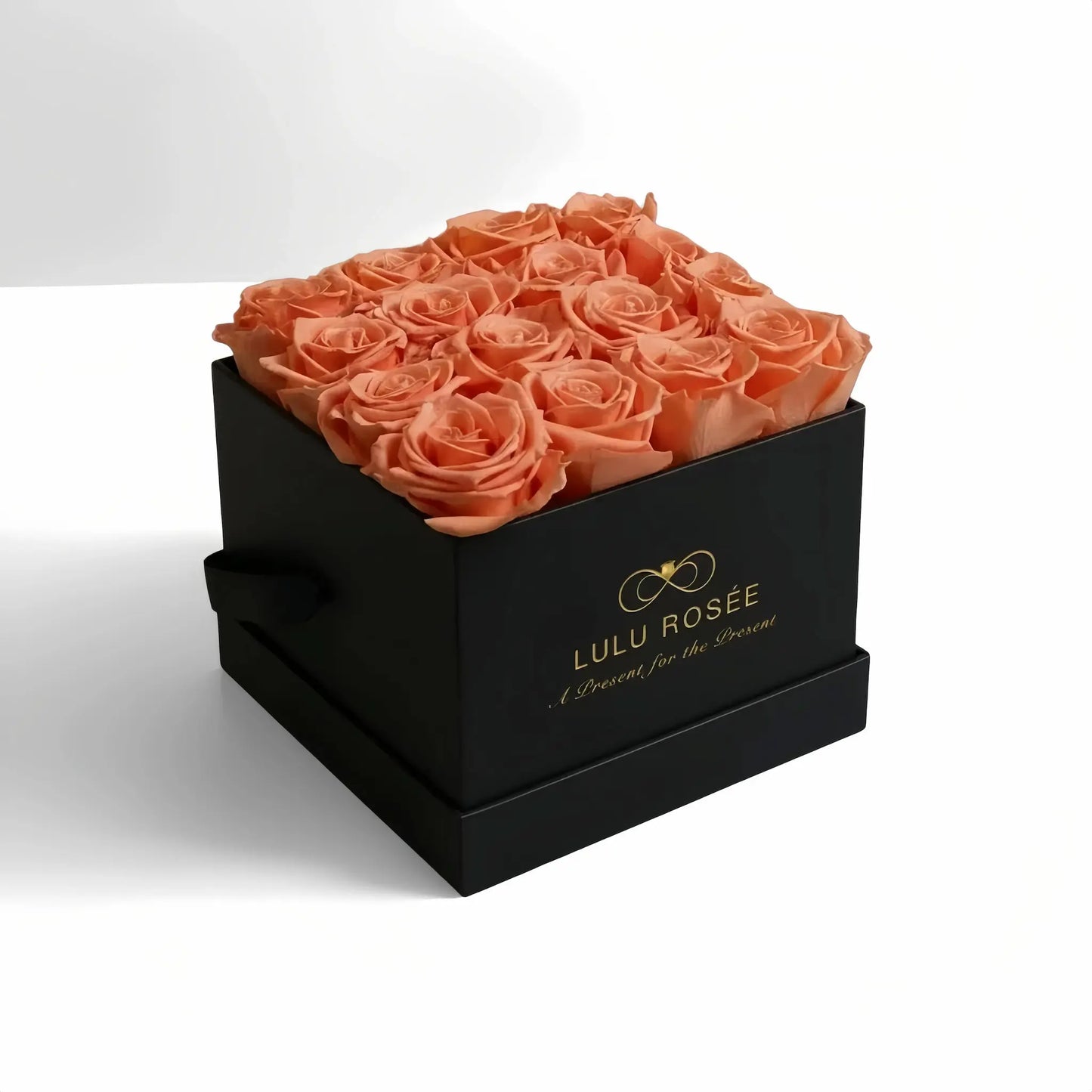 LULU ROSÉE medium square box orange roses black classic box on white background