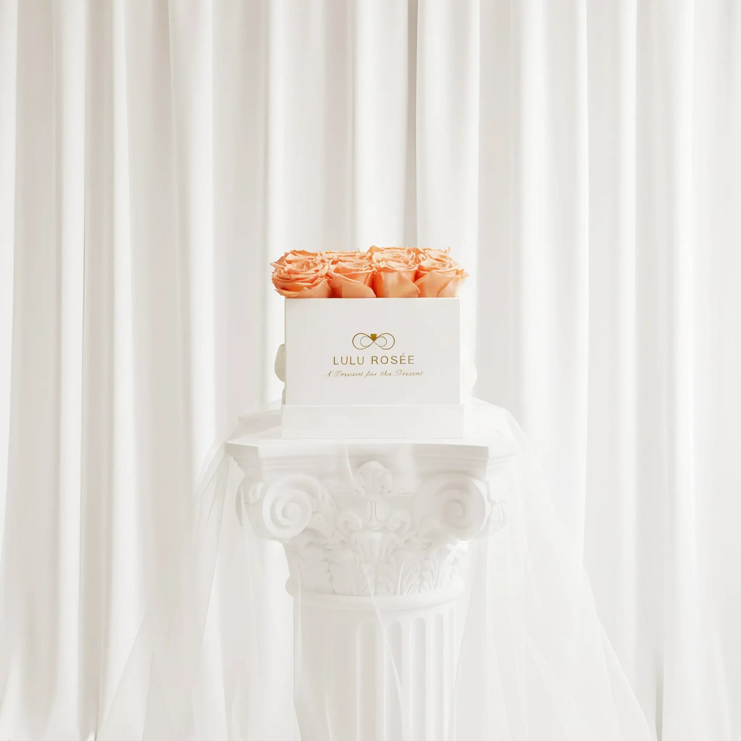 LULU ROSÉE medium square box orange roses white classic box on a white pedestal against a white curtain background