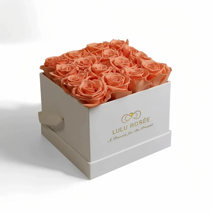 LULU ROSÉE medium square box orange roses white classic box on white background