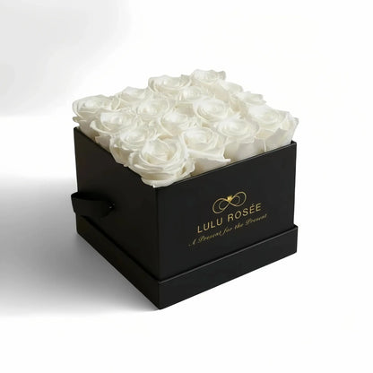 LULU ROSÉE medium square box white roses black classic box on white background