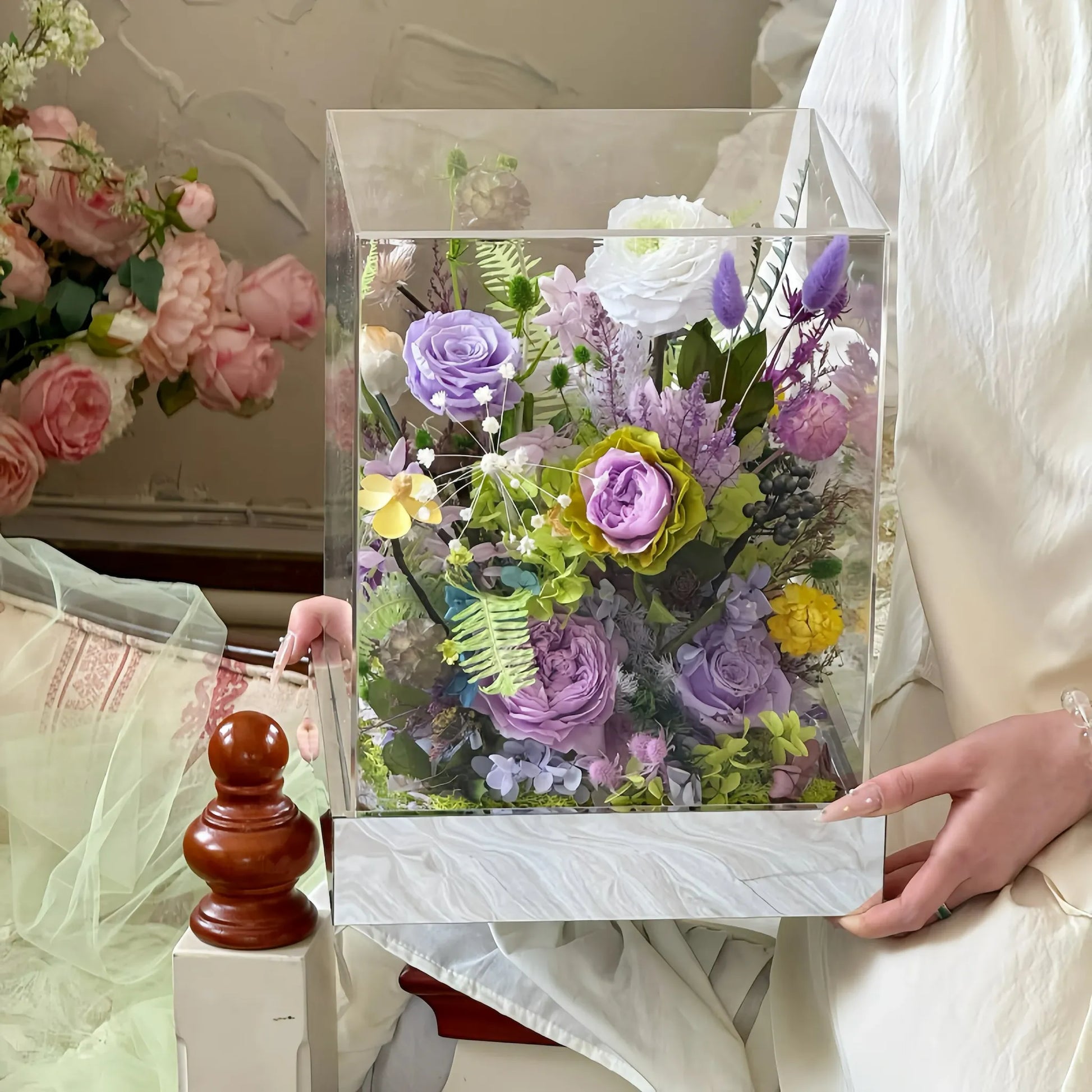 LULU ROSÉE Monet's Garden Preserved Flower Acrylic Box, Purple and Green Everlasting Floral Arrangement
