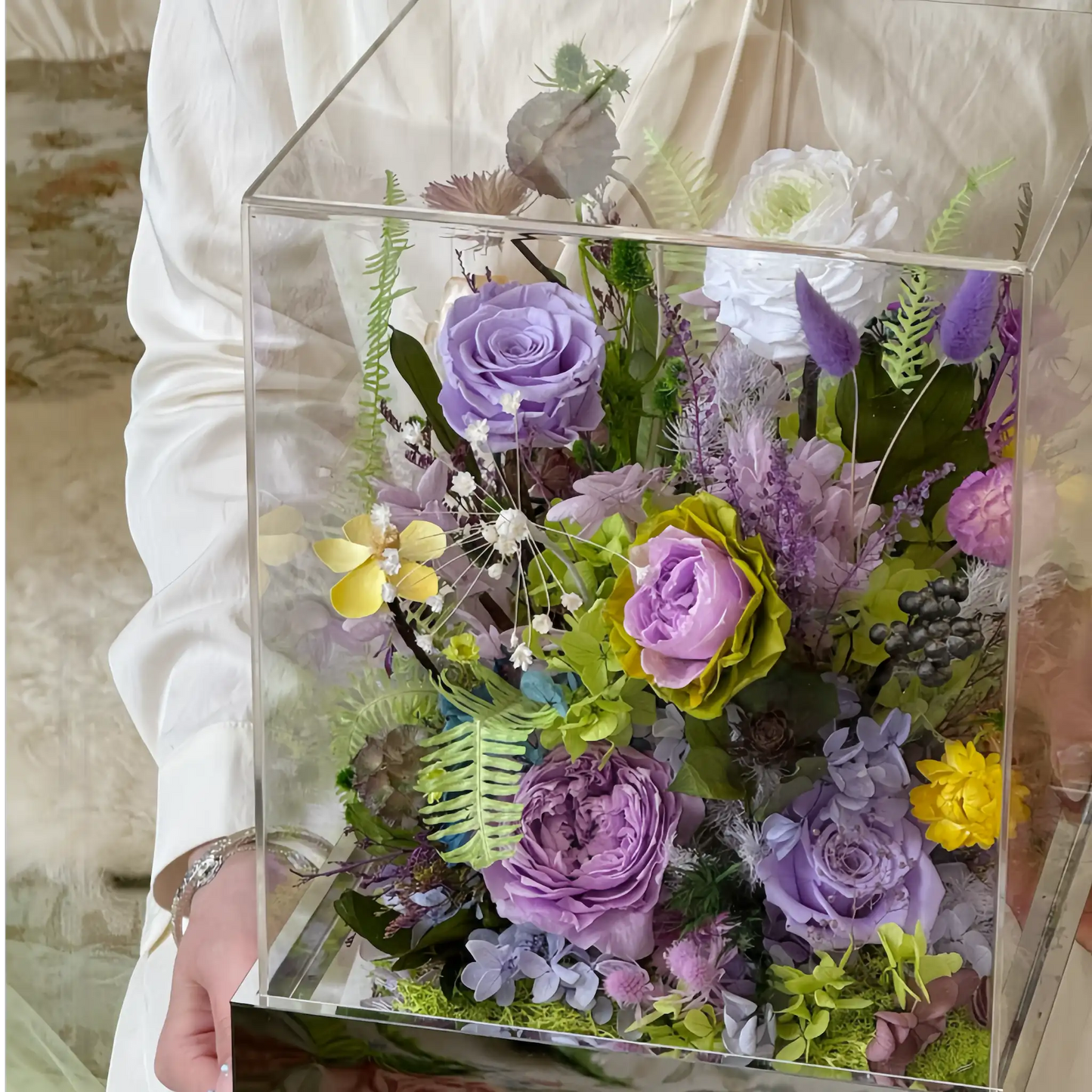 LULU ROSÉE Monet's Garden Floral Box with Marble Base, Purple and Green Everlasting Flower Decor