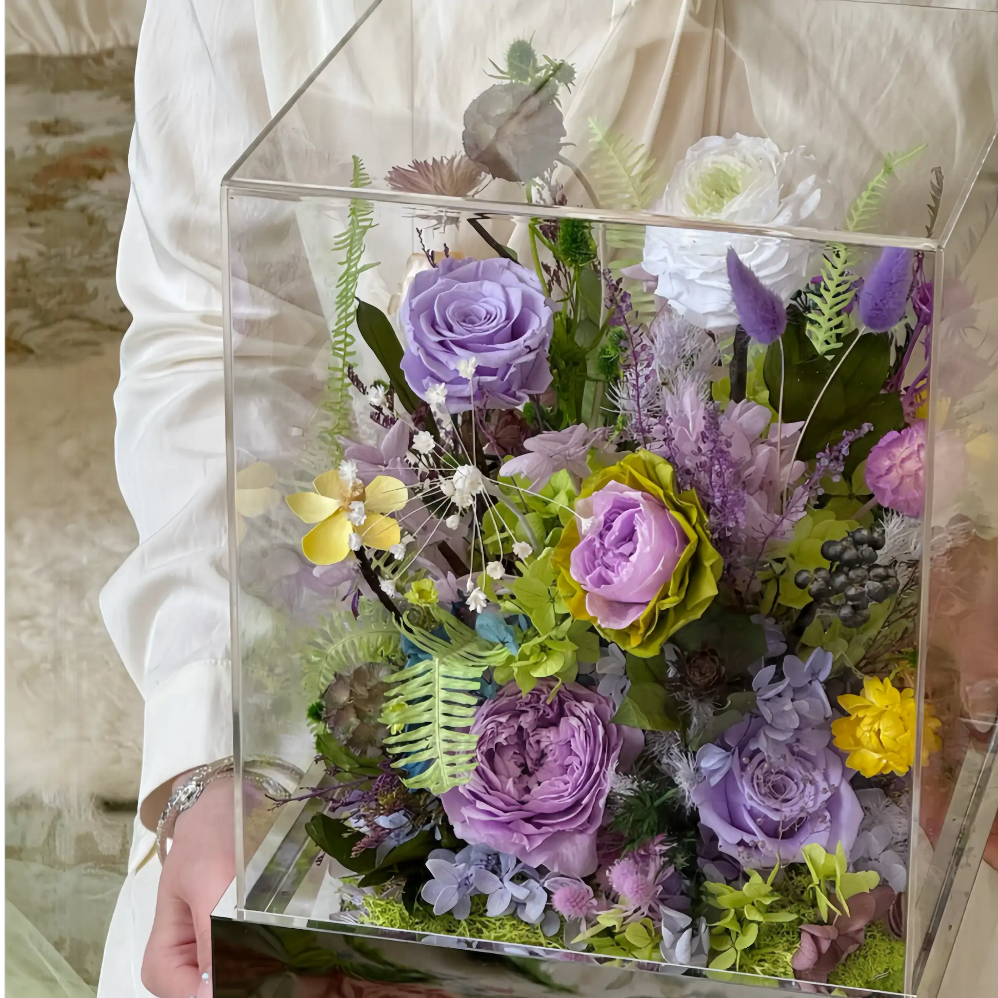 LULU ROSÉE Monet's Garden Floral Box with Marble Base, Purple and Green Everlasting Flower Decor