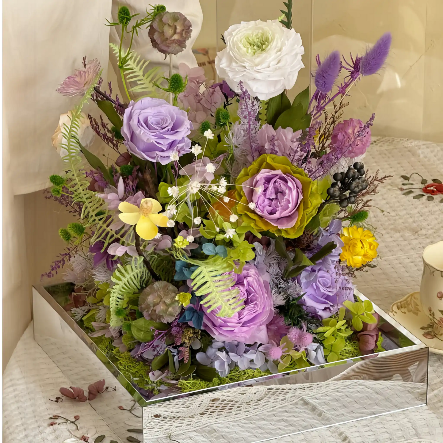 LULU ROSÉE Monet's Garden Preserved Flower Box Top View, Purple and Green Wildflower Style Bouquet