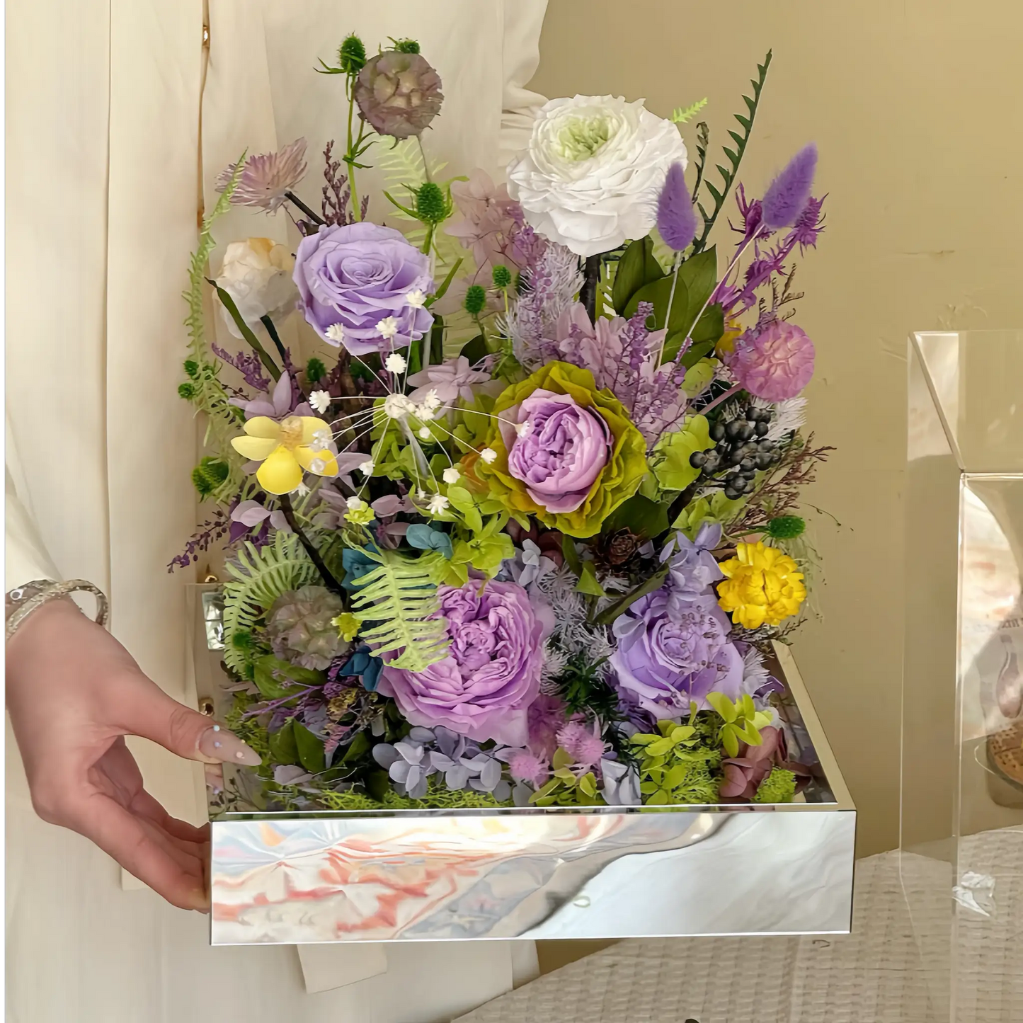 LULU ROSÉE Monet's Garden Acrylic Box Side View, Purple Rose and Greenery Preserved Flower Arrangement