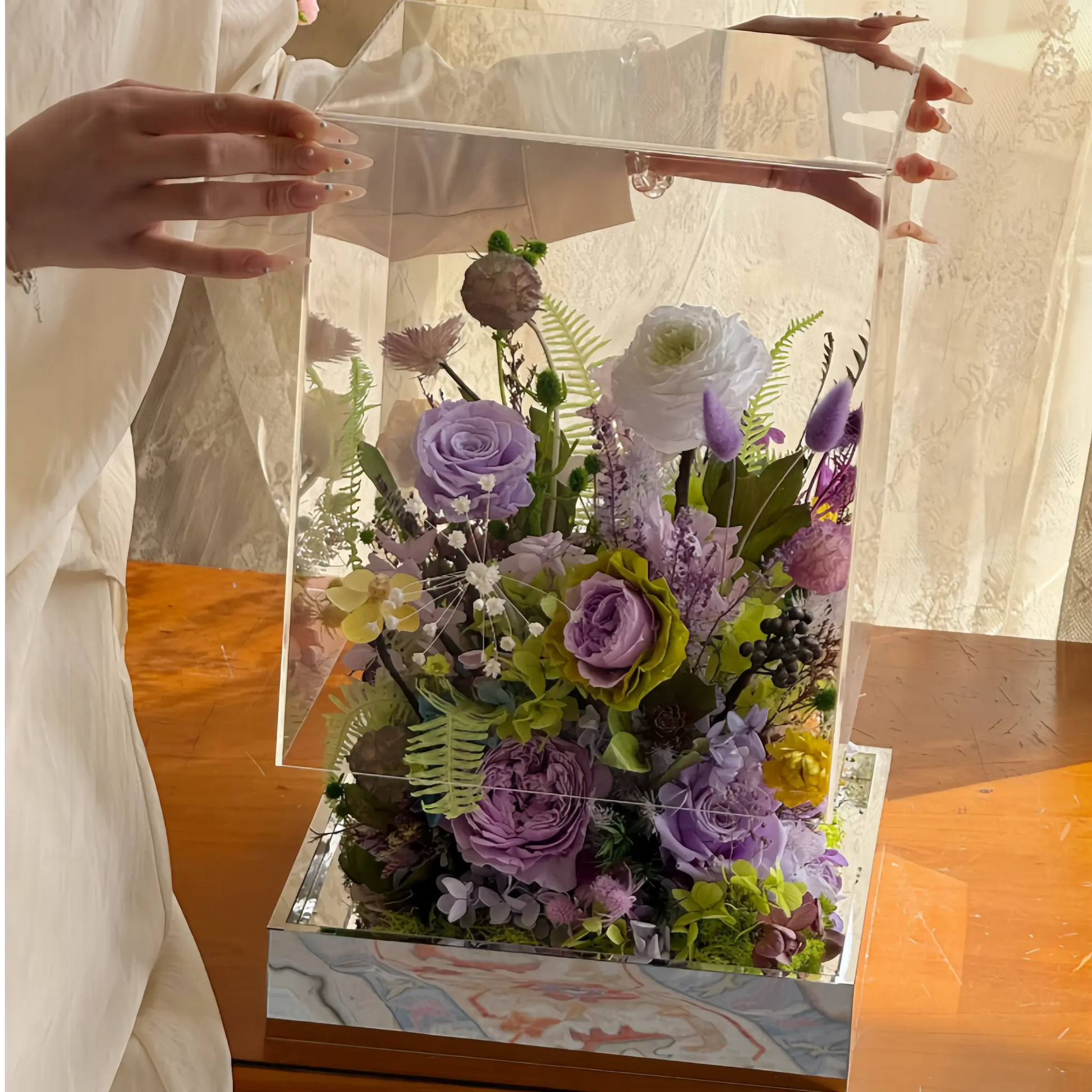 LULU ROSÉE Opening Monet's Garden Floral Box, Lush Purple and Green Everlasting Flowers in Acrylic