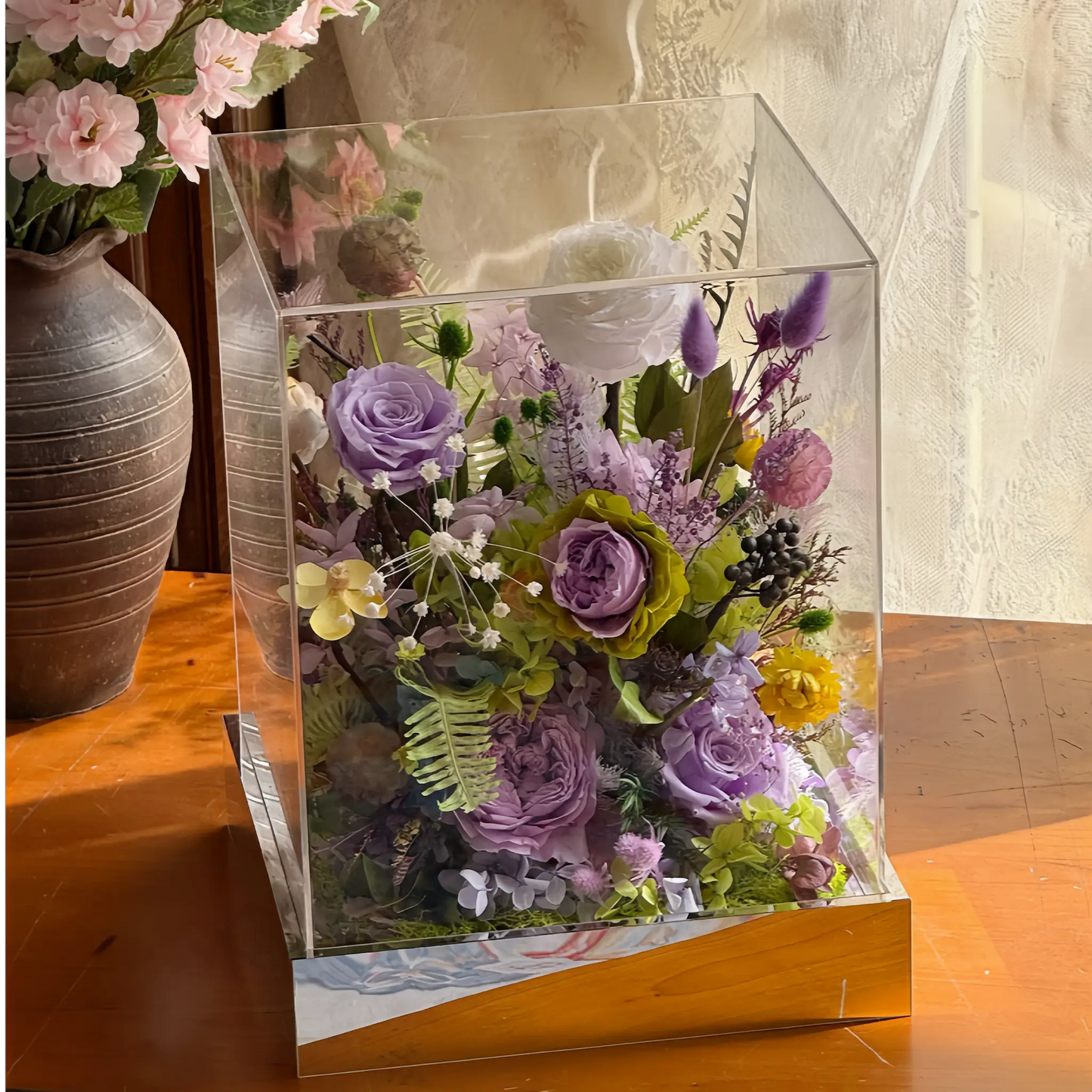 LULU ROSÉE Monet's Garden Acrylic Box in Home Decor, Purple and Green Preserved Flower Display