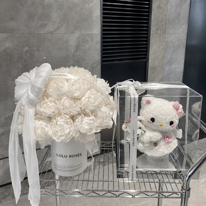 LULU ROSÉE Moonlight Peony Round Box Hello Kitty edition, ivory preserved peony box matched with Hello Kitty acrylic gift box, cute luxury preserved flower gift set
