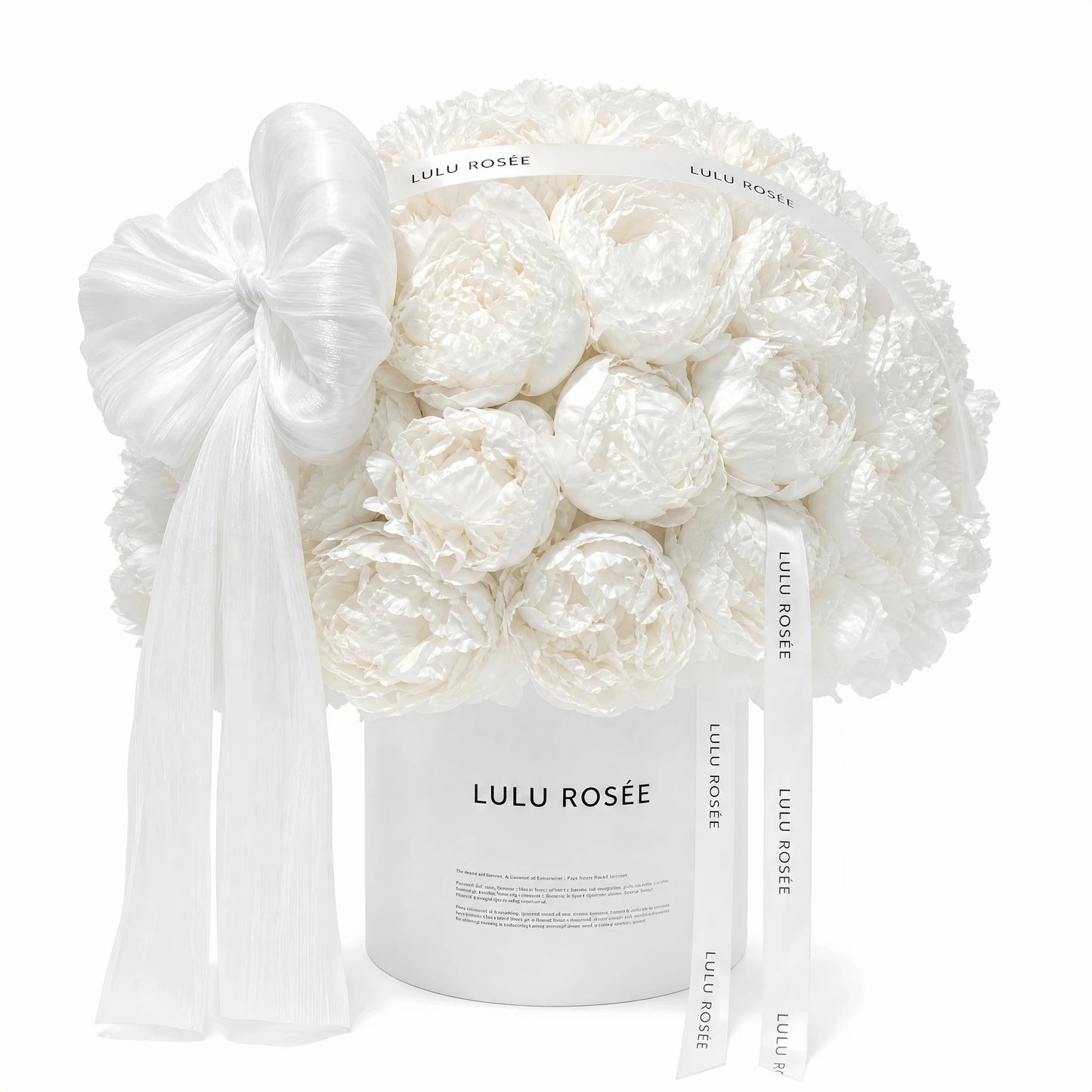 LULU ROSÉE Moonlight Peony Round Box isolated on white background, white preserved peony round cylinder box with long tulle bow, minimalist luxury floral gift