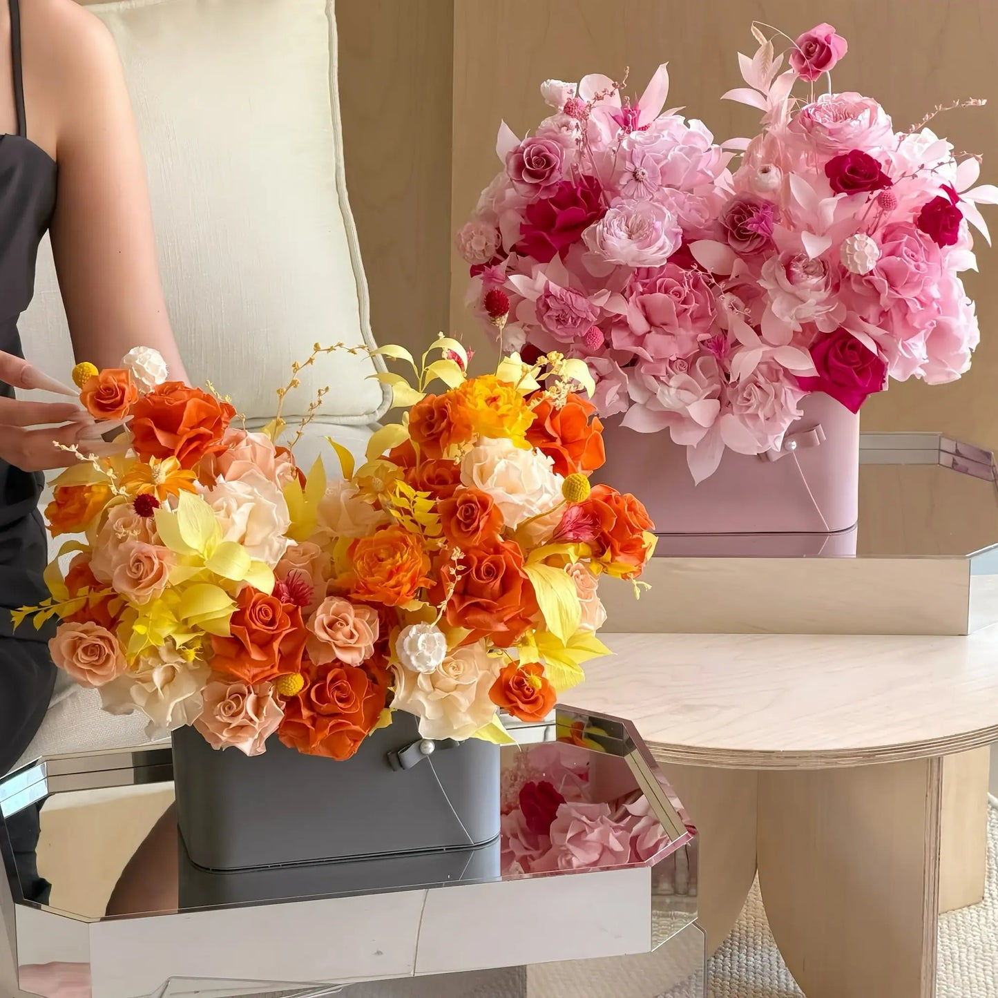 LULU ROSÉE Sunset Orange Parisian Bloom Garden Dual Display, Preserved Flower Arrangement from Two Angles