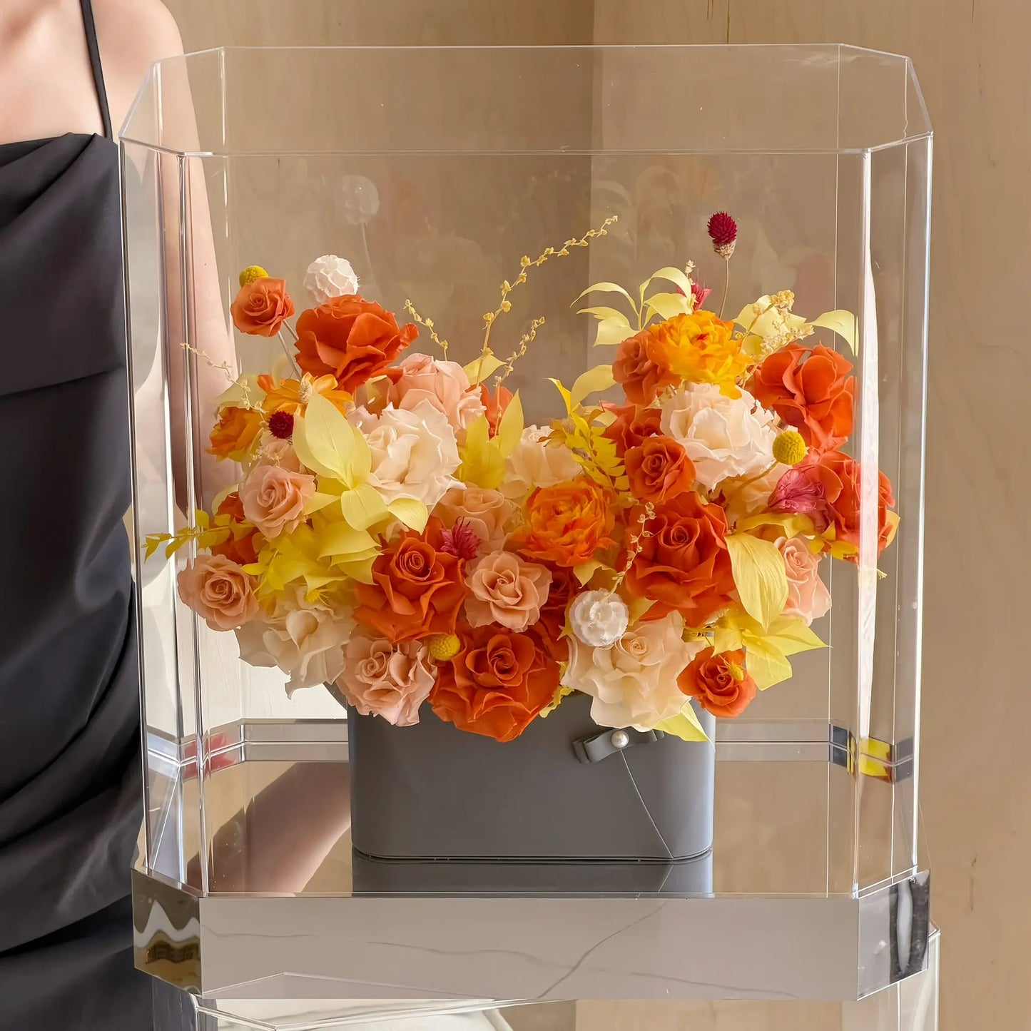 LULU ROSÉE Sunset Orange Parisian Bloom Garden, Vibrant Preserved Flower Bouquet in Gray Base