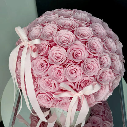 LULU ROSÉE Close-Up of Pink Forever Rose Bucket, Soft Pink Preserved Roses with Ribbon Bow