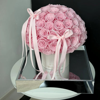 LULU ROSÉE Pink Forever Rose Bucket Front View, Luxury Everlasting Rose Display with Bow