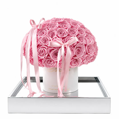 LULU ROSÉE Pink Preserved Rose Bucket in Clear Acrylic Box on a White Background