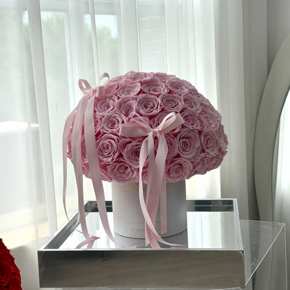 LULU ROSÉE Pink Forever Rose Bucket on Mirror Base, Luxury Preserved Flower Arrangement