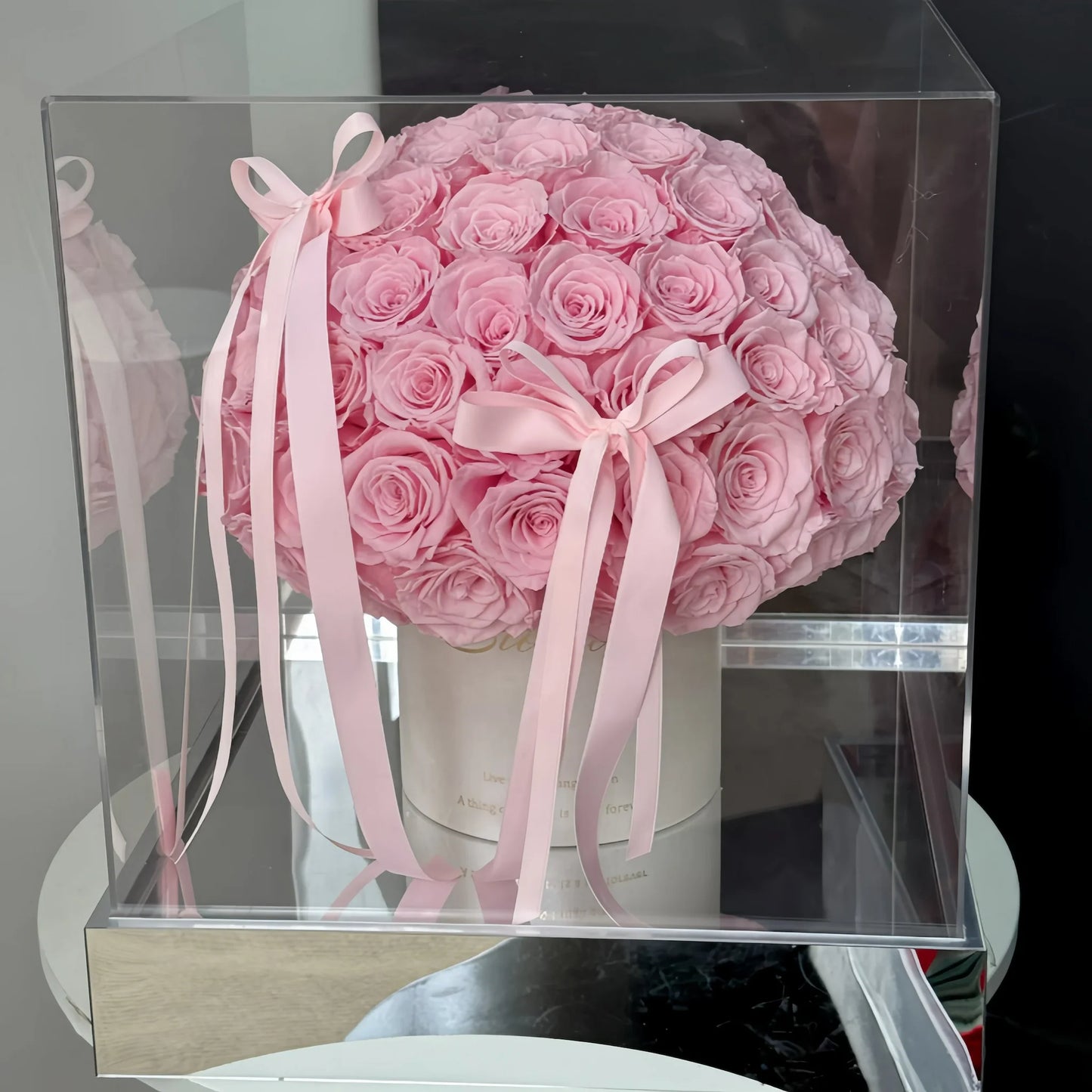 LULU ROSÉE Pink Forever Rose Bucket with Pink Ribbon, Soft Pastel Preserved Rose Arrangement