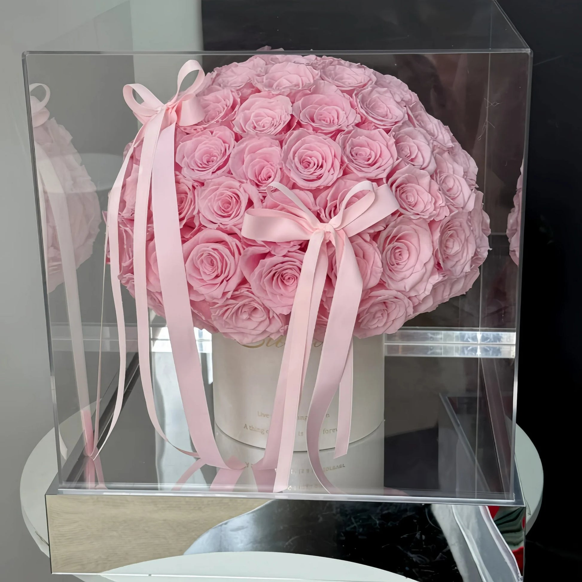LULU ROSÉE Pink Forever Rose Bucket with Pink Ribbon, Soft Pastel Preserved Rose Arrangement