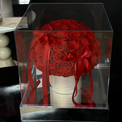 LULU ROSÉE Red Preserved Rose Bucket in Clear Acrylic Box, Everlasting Rose Gift with Red Ribbon