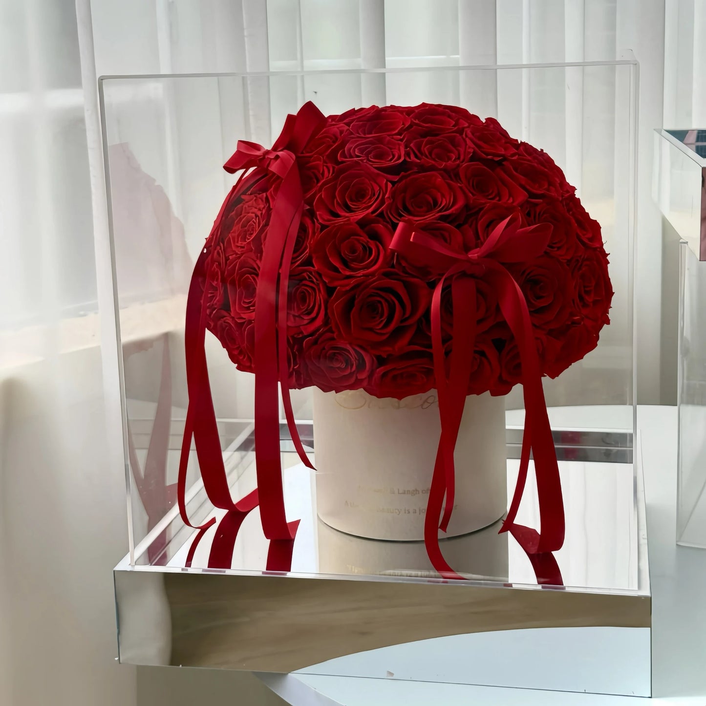 LULU ROSÉE Red Forever Rose Bucket Side View, Luxury Everlasting Rose Arrangement