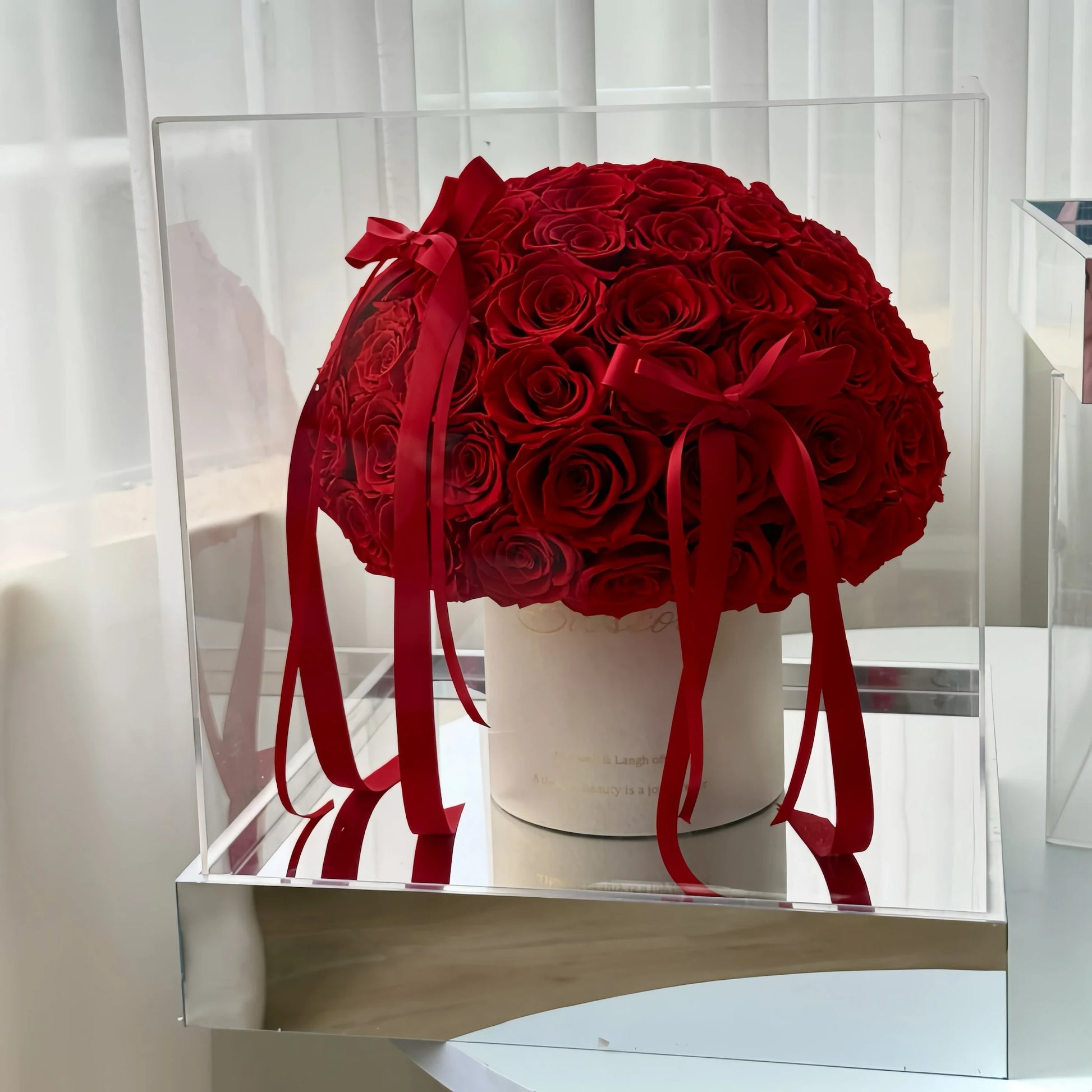 LULU ROSÉE Red Forever Rose Bucket Side View, Luxury Everlasting Rose Arrangement