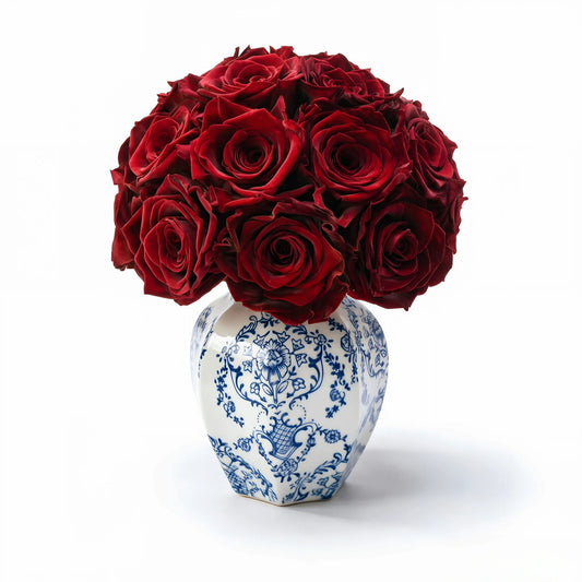 LULU ROSÉE small blue porcelain vase red roses blue porcelain vase on white background