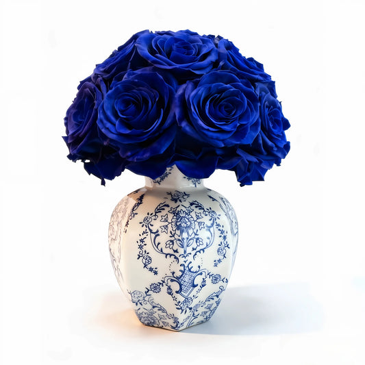 LULU ROSÉE small blue porcelain vase royal blue roses blue porcelain vase on white background