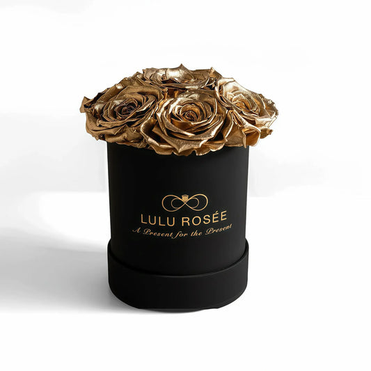 LULU ROSÉE small round box gold roses black classic box on white background