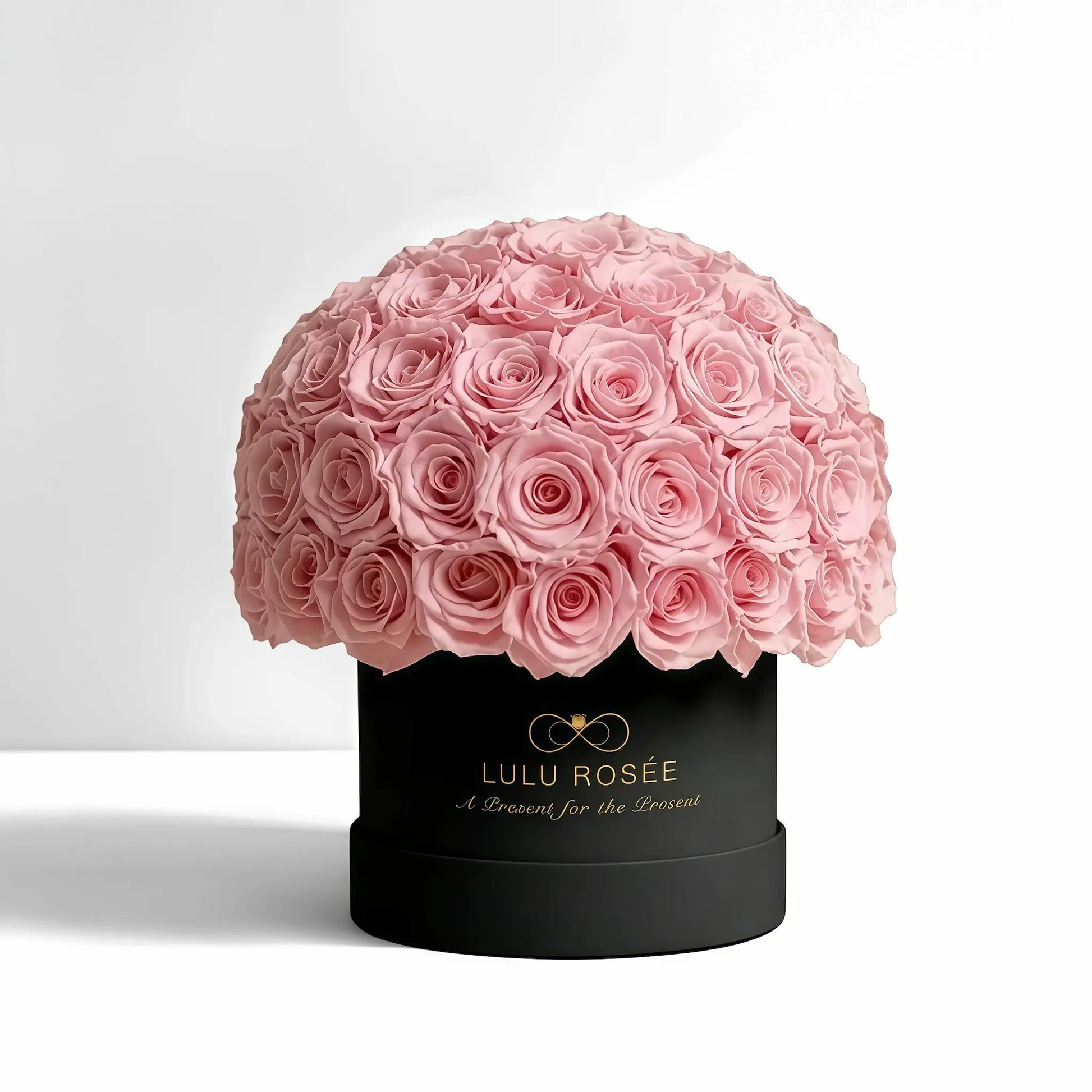 LULU ROSÉE superdome box light pink roses black box on white background