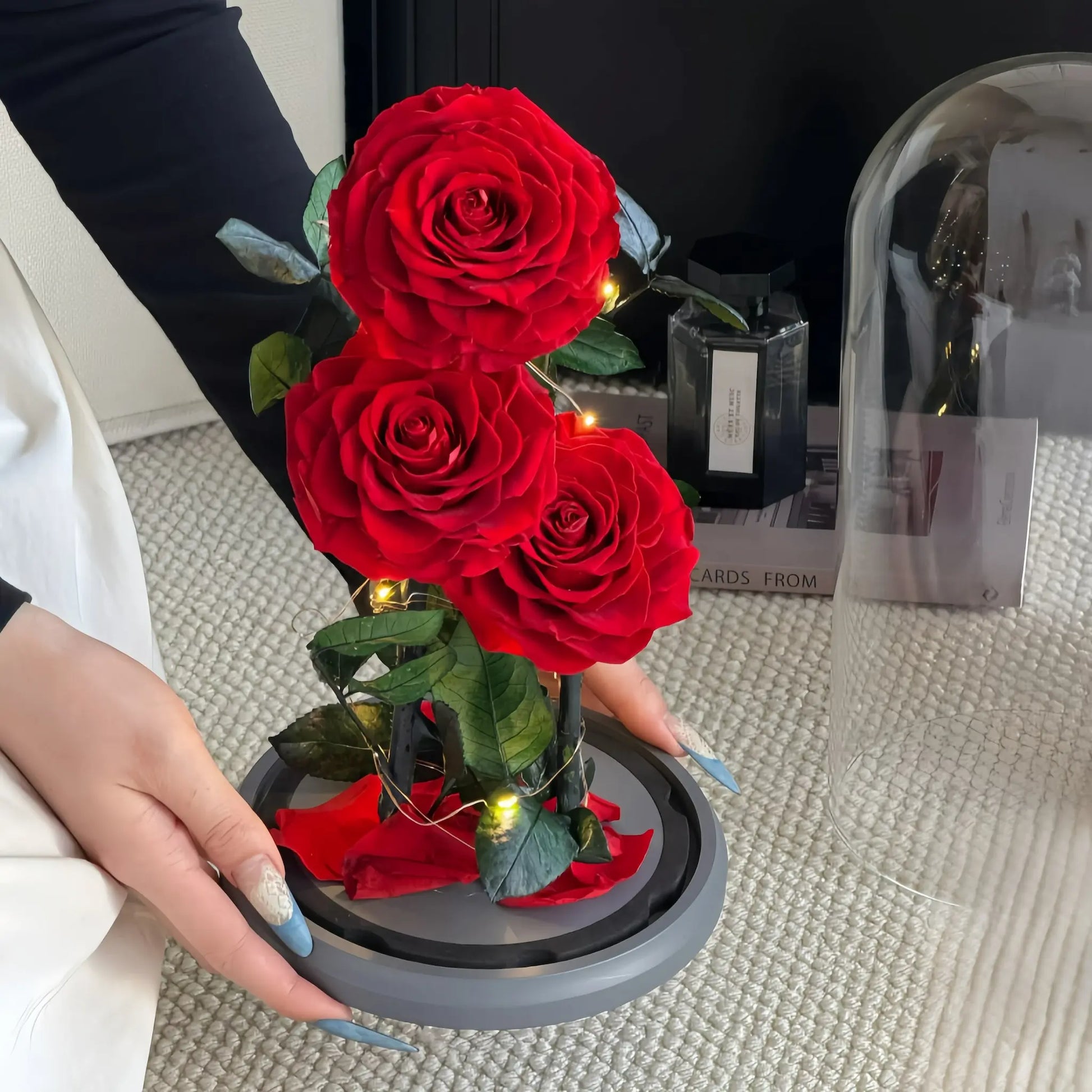 LULU ROSÉE Triple Love Rose Dome with LED Fairy Lights, Preserved Red Rose in Glass Cloche