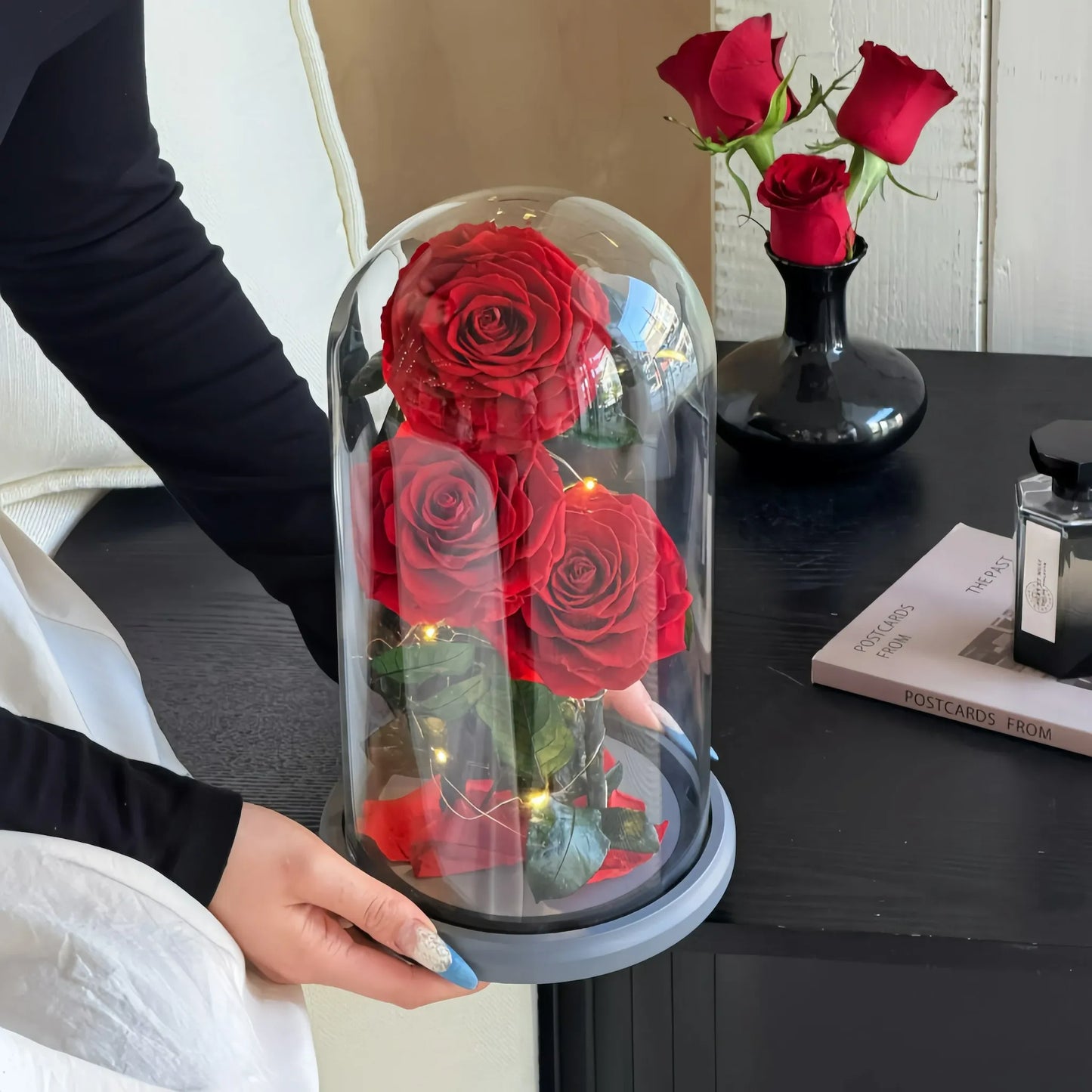 LULU ROSÉE Triple Red Rose Glass Dome with LED Lights, Romantic Preserved Rose Gift