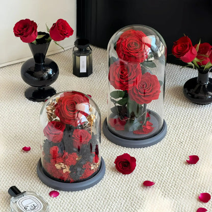 LULU ROSÉE Triple Red Rose Dome with LED Lights, Luxury Preserved Flower for Home Decor