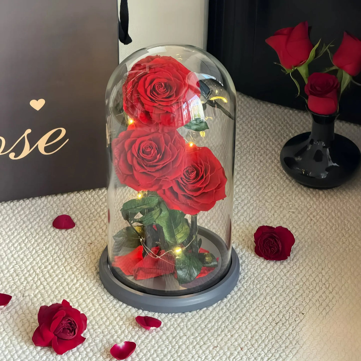 LULU ROSÉE Triple Love Beauty and the Beast Rose Dome with Gift Box, Preserved Red Rose