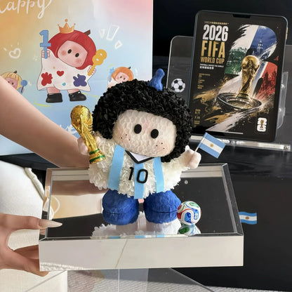 LULU ROSÉE Limited World Cup Eternal Floral Soccer Player Doll, Argentina No.10 Messi preserved flower doll with trophy, displayed in clear acrylic case, luxury fan collectible souvenir gift