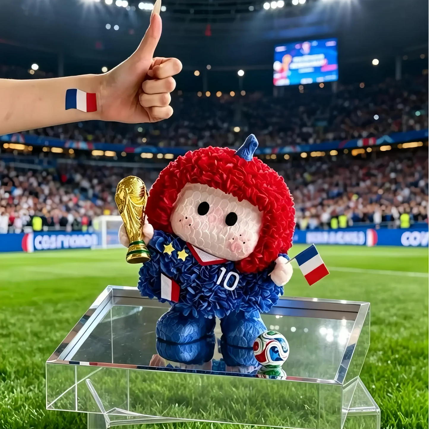 LULU ROSÉE Limited World Cup Eternal Floral France No.10 Soccer Player Doll, preserved flower figurine with trophy, fan gift with hand pose detail & stadium backdrop